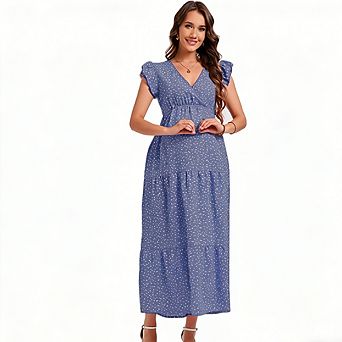 Maternity Summer V-Neck Flutter Sleeve Dress High Waist Floral Casual Dress Daily Versatile Dress