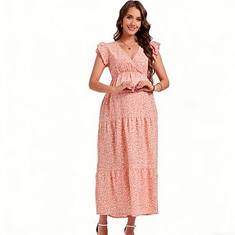 Maternity Summer V-Neck Flutter Sleeve Dress High Waist Floral Casual Dress Daily Versatile Dress