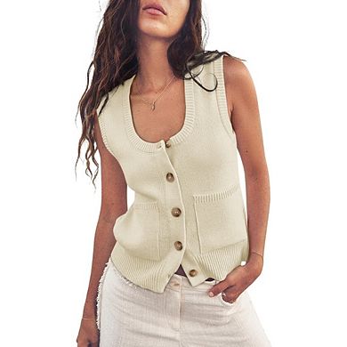 Womens Sweater Vest Ribbed Tank Tops Sleeveless Button Down Shirts Scoop Neck Top with Pockets