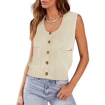 Womens Sweater Vest Ribbed Tank Tops Sleeveless Button Down Shirts Scoop Neck Top with Pockets
