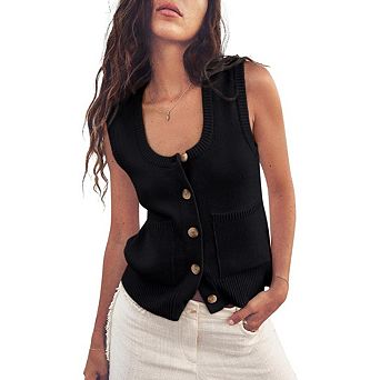 Womens Sweater Vest Ribbed Tank Tops Sleeveless Button Down Shirts Scoop Neck Top with Pockets