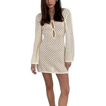 Womens Crochet Swimsuit Coverup Summer Long Bell Sleeve Mesh Knit Bikini Cover Ups Beach Dresses