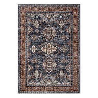 Washable Area Rug, Soft Vintage Carpet Distressed Medallion, Non-Slip Rug for Living Room Bedroom