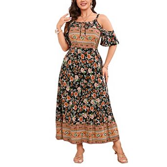 Women's Plus Size Floral Print Cold Shoulder Ruffle Sleeve Maxi Dress Summer Casual Flowy Long Dress