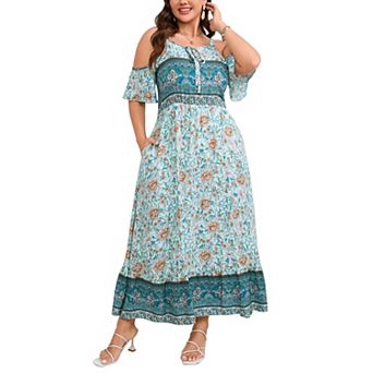 Women's Plus Size Floral Print Cold Shoulder Ruffle Sleeve Maxi Dress Summer Casual Flowy Long Dress