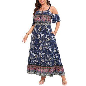 Women's Plus Size Floral Print Cold Shoulder Ruffle Sleeve Maxi Dress Summer Casual Flowy Long Dress