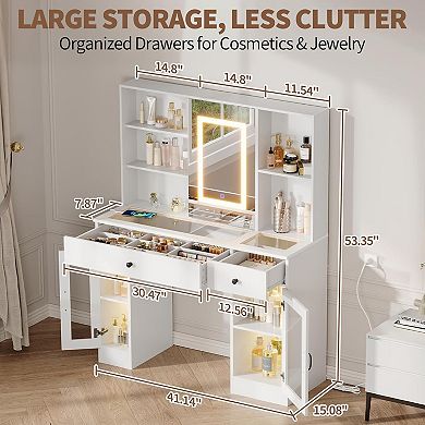 41-Inch Dressing Table with Adjustable Mirror, White Vanity Desk with Glass Cabinets
