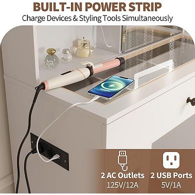 41-Inch Dressing Table with Adjustable Mirror, White Vanity Desk with Glass Cabinets