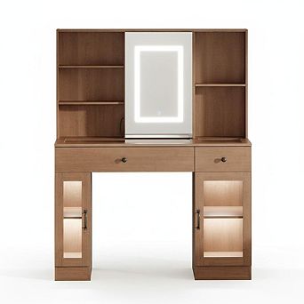 41-Inch Dressing Table with Adjustable Mirror, White Vanity Desk with Glass Cabinets