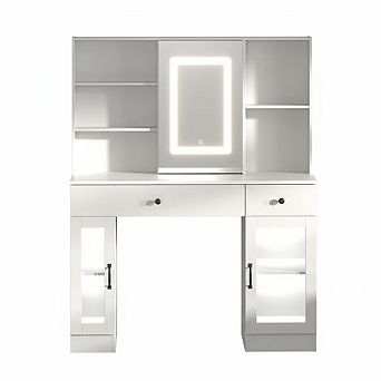 41-Inch Dressing Table with Adjustable Mirror, White Vanity Desk with Glass Cabinets