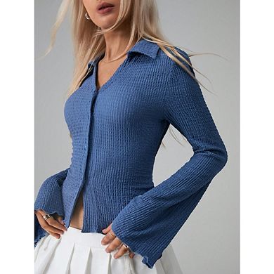 Womens Long Sleeve Tops Lightweight Cardigan Cropped Going Out Shirts Ribbed Button Down Blouse