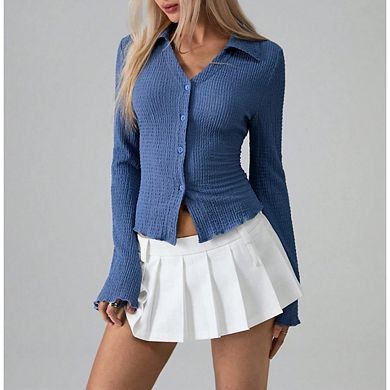 Womens Long Sleeve Tops Lightweight Cardigan Cropped Going Out Shirts Ribbed Button Down Blouse