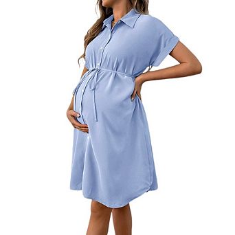 Women's Button Down Shirt Dress Collar Short Sleeve Cruved Hem Shirt Dress Tunic Dress with Belt
