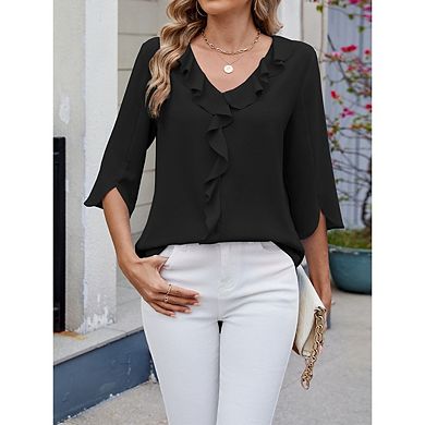 Womens Casual Blouses 3/4 Sleeve V Neck Ruffle Tops Business Solid Color Work Shirt