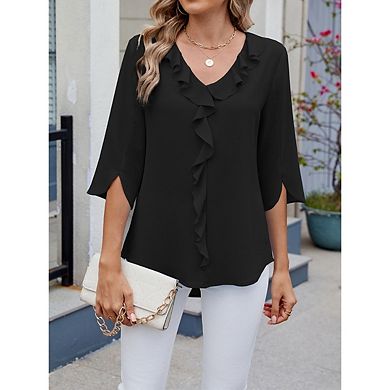 Womens Casual Blouses 3/4 Sleeve V Neck Ruffle Tops Business Solid Color Work Shirt