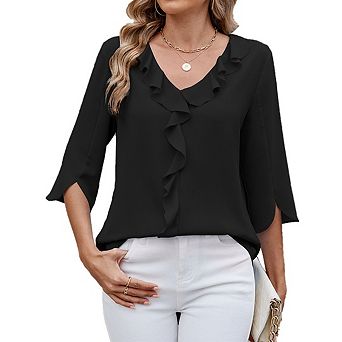 Womens Casual Blouses 3/4 Sleeve V Neck Ruffle Tops Business Solid Color Work Shirt