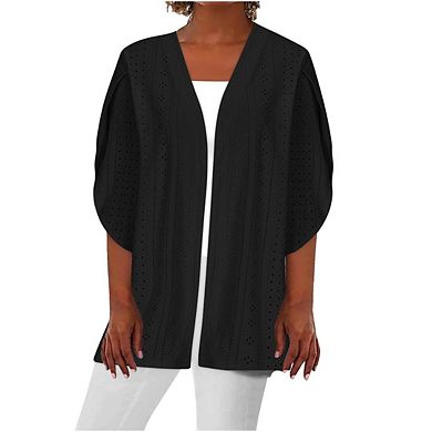 Women's Casual Mid Sleeve Solid Color Cardigan Lightweight Openwork Mesh Knit Cover-Up