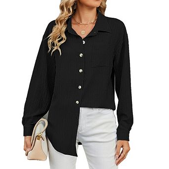 Casual Shirts for Women Long Sleeve Button Down Blouses Solid Color Tops with Pocket