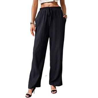 Womens Pleated Wide Leg Palazzo Maxi Pants Flowy Beach Trousers with Drawstring or Elastic Band