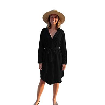 Women's Long Sleeves Button Down Swimsuit Cover Up Bikini Beachwear V Neck Long Beach Shirt Dress