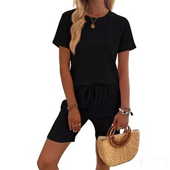 Womens Ribbed Knit Short Sleeve T-Shirt Crew Neck Top Soft Blouse & Shorts 2 pc Casual Summer Set
