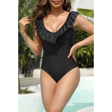 Womens Retro Ruffle One Piece Swimsuit V Neck Bathing Cutout Swimwear