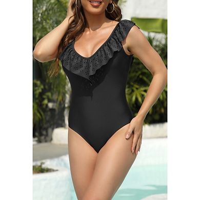 Womens Retro Ruffle One Piece Swimsuit V Neck Bathing Cutout Swimwear