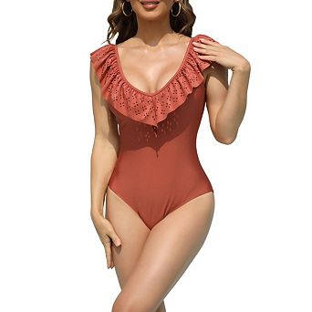Womens Retro Ruffle One Piece Swimsuit V Neck Bathing Cutout Swimwear