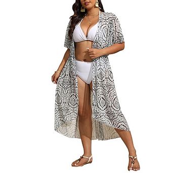 Women Open Front Striped Maxi Cardigan Beach Swimsuit Coverup