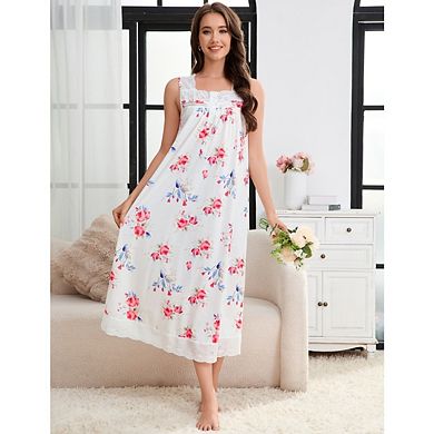 Women's Printed Square Neck Lace Nightgown Soft Long Camisole Nightwear
