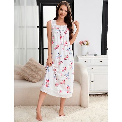 Women's Printed Square Neck Lace Nightgown Soft Long Camisole Nightwear