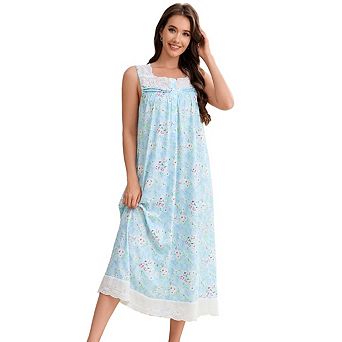 Women's Printed Square Neck Lace Nightgown Soft Long Camisole Nightwear