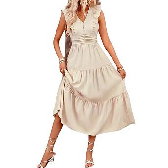 Women's Solid Color Ruffled Sleeveless Dress Lace V-Neck Layered Waist-cinching Midi Dress
