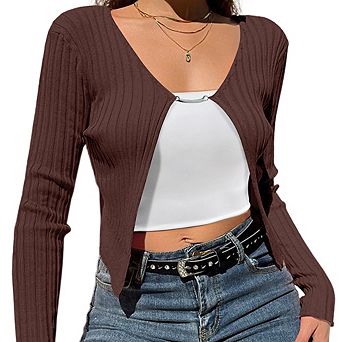Women Fashion Ribbed Knit Cardigan Simple Versatile Cropped Sweater Top Long Sleeve Casual Slim Tops