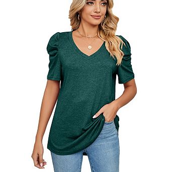 Womens Casual Blouse Boho Solid Color V Neck Tunic Top Puff Short Sleeve T-shirts