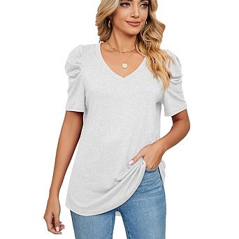 Womens Casual Blouse Boho Solid Color V Neck Tunic Top Puff Short Sleeve T-shirts