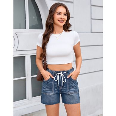 Women's Stretch Drawstring Mid-Rise Denim Shorts Frayed Hem Washed Wide Leg Shorts with Pockets