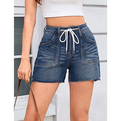 Women's Stretch Drawstring Mid-Rise Denim Shorts Frayed Hem Washed Wide Leg Shorts with Pockets