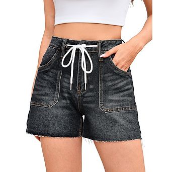 Women's Stretch Drawstring Mid-Rise Denim Shorts Frayed Hem Washed Wide Leg Shorts with Pockets