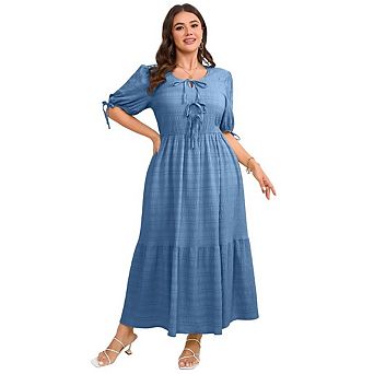 Women's Plus Size O-Neck Tunic Dress Loose Short Sleeve Midi Beach Swing Dress with Pocket