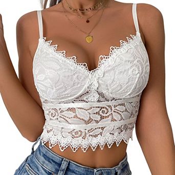 Women Elegant Lace Hollow Out Deep V Camisole Wrap Chest Cropped Tank Top Fashion Y2K Babe Style Top