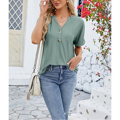 Womens V-Neck Eyelet Hollow 0ut Button Front Rolled Cuff Short Sleeve Top Summer Casual Shirt Blouse