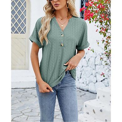 Womens V-Neck Eyelet Hollow 0ut Button Front Rolled Cuff Short Sleeve Top Summer Casual Shirt Blouse