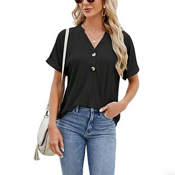 Womens V-Neck Eyelet Hollow 0ut Button Front Rolled Cuff Short Sleeve Top Summer Casual Shirt Blouse