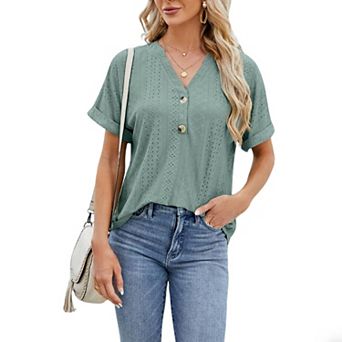 Womens V-Neck Eyelet Hollow 0ut Button Front Rolled Cuff Short Sleeve Top Summer Casual Shirt Blouse