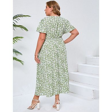 Womens Plus Size Wrap Maxi Dress Short Flutter Sleeves Empire Waist Side Split a Line Casual Dress