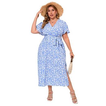 Womens Plus Size Wrap Maxi Dress Short Flutter Sleeves Empire Waist Side Split a Line Casual Dress