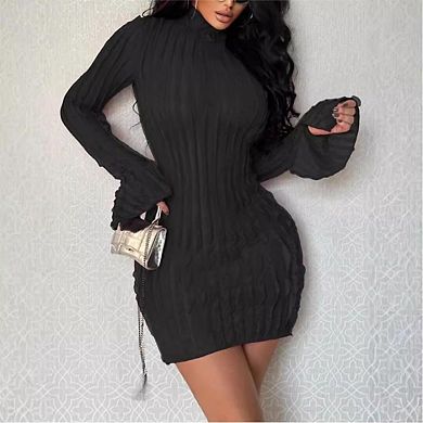 Womens Cable Knit Sweater Dress Long Sleeve Crew Neck Bodycon Mini Dresses