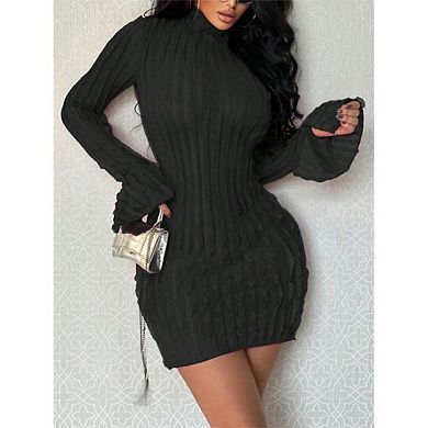 Womens Cable Knit Sweater Dress Long Sleeve Crew Neck Bodycon Mini Dresses