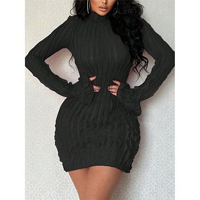 Womens Cable Knit Sweater Dress Long Sleeve Crew Neck Bodycon Mini Dresses